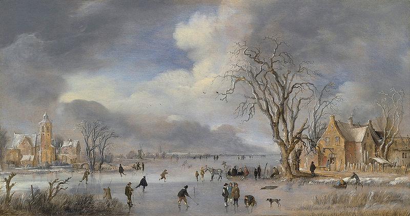 Aert van der Neer A winter landscape with skaters and kolf players on a frozen river Sweden oil painting art